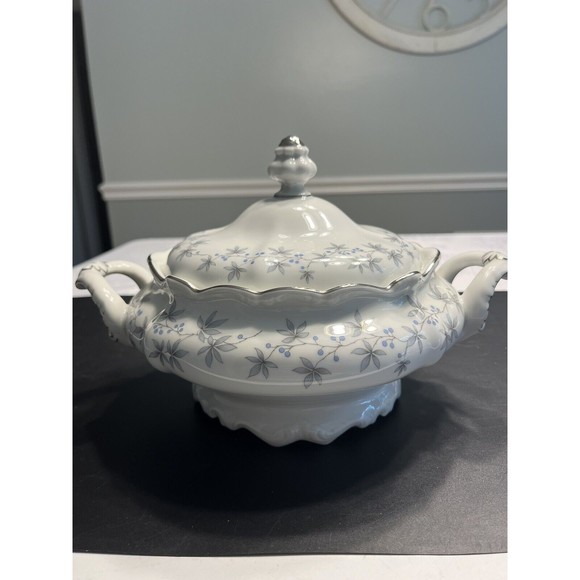 Johann Haviland Blue Flowers Gray Leaf Pattern Gravy Boat w Attached Under Plate - Picture 1 of 14